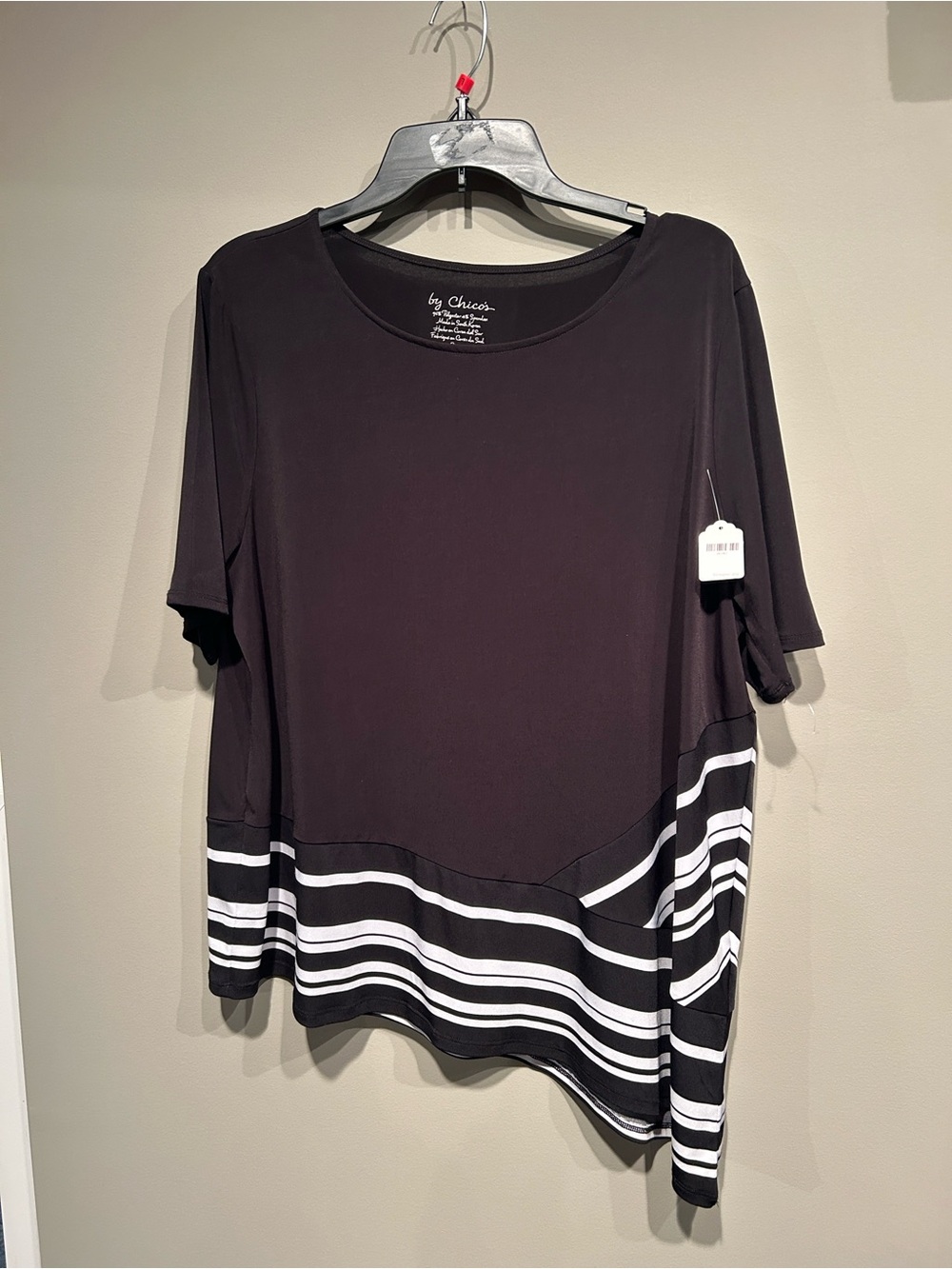 Chico's Black Short-Sleeve Top with White Striped Hem